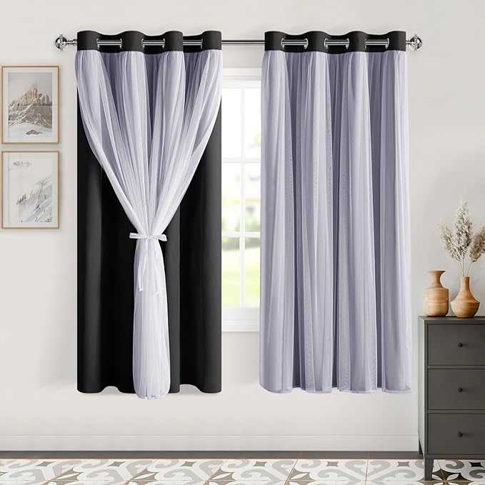 DWCN Black Layered Curtains for Living Room Blackout and Sheer Curtains Grommet Top Window Treatment with Sheer Overlay for Bedroom, 52 W by 63 L, 2 Pieces