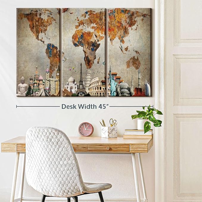 ElephantStock Rusty World Map Multi Piece Canvas - 3 Piece Canvas World Map Wall Decor - Wall Decor - Ready-to-Hang Print - Vintage Wall Art - 45" X 28"