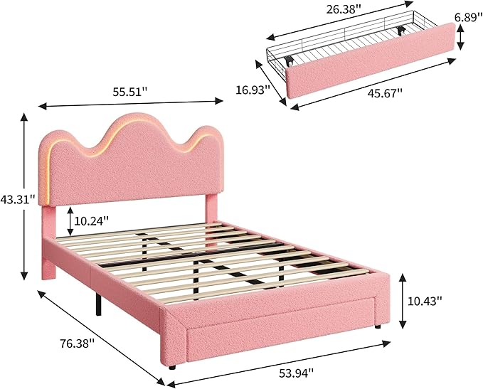 IDEALHOUSE Full Bed Frame with LED Headboard and Under-Bed Drawer, Metal Upholstered Platform Bed with LED Light for Kids, Girls, Lamb Fleece Fabric, Wooden Slats Support, No Box Spring Needed, Pink