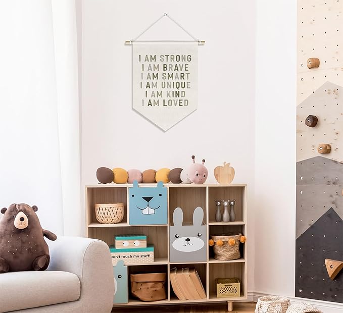 Kids Room Nursery Classroom Decor, Motivational Positive Affirmations Wall Decor for Kid Baby Boy Girl Bedroom Playroom, I Am Kind Hanging Canvas Banner, 15x11in