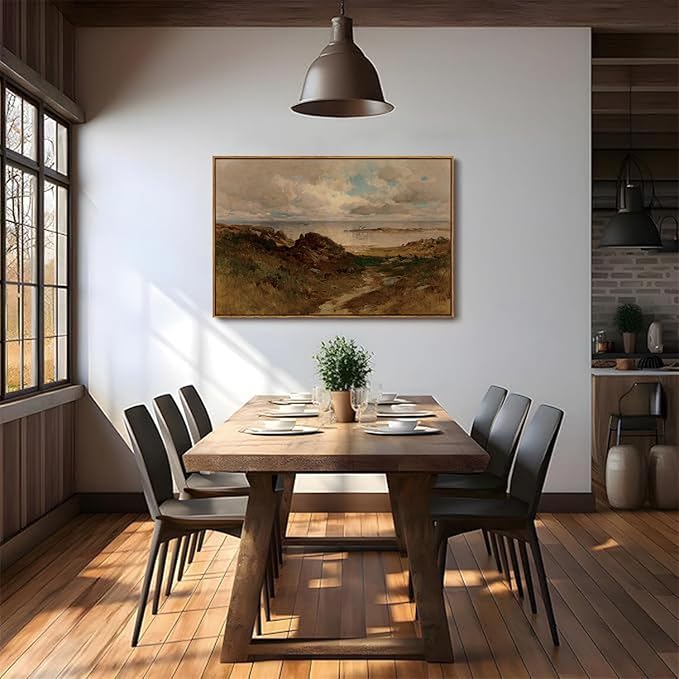 OIQArtOIQ Framed Vintage Landscape Wall Art Coast Natural Scenery Oil Painting Canvas Prints Country Farmhouse Aesthetic Decor Fall Pictures for Kitchen Bedroom Living Room Bathroom
