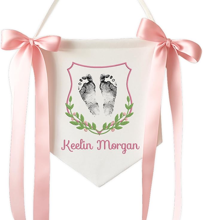 EMBROIDERED Name Baby Banner, Baby Flag with Monogram Name, Personalized Baby Name Sign, Customizable Baby Name, Baby Announcement Sign for Hospital (04 - footprint)