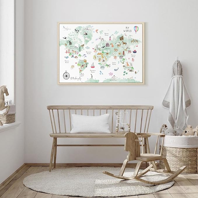 Green Kids World Map Wall Art Animal Map Canvas Art Nursery Wall Decor World Map Poster Childrens Room Decor Playroom Prints Educational Artwork 16x24 Inch framed