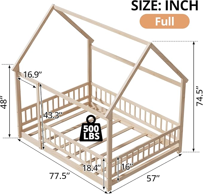 LLS Full Size Montessori Floor Bed Frame with Slats and Fence, Wooden House Bed for Boys Girls Bedroom, Natural