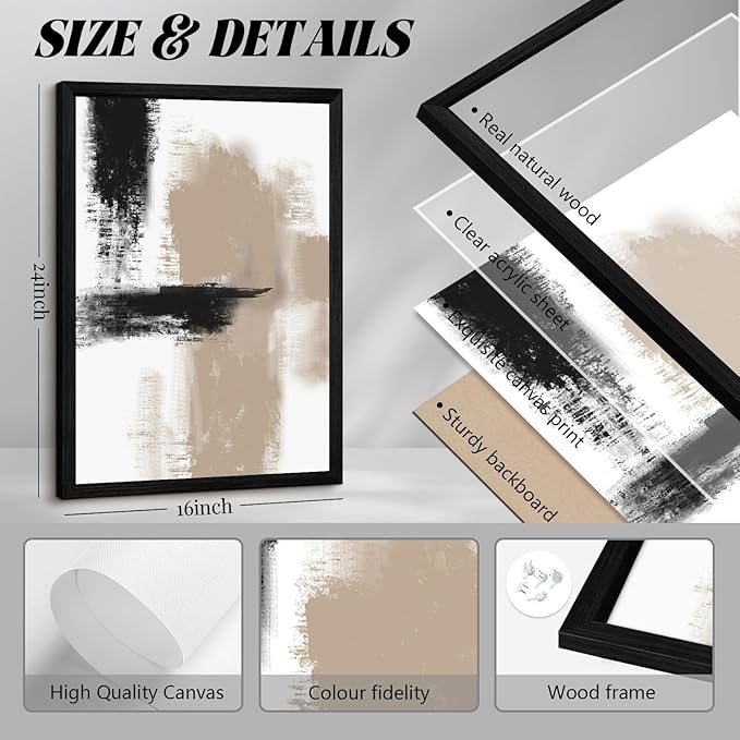 Beige Abstract Wall Art Painting Set of 3 Neutral Canvas Wall Art Prints Black Beige Modern Wall Decor Minimalist Art Pictures Abstract Modern Artwork for Room Bedroom 16x24 Inch Wood Framed