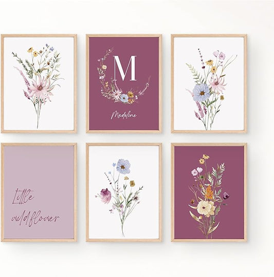 Personalized Name Flower Nursery Wall Art Prints, Crib & Nursery décor, Newborn Baby Girl Gift Present, Floral Baby Girl Room Pictures, Poster For Baby And Kids (6 Prints, Flower 6)