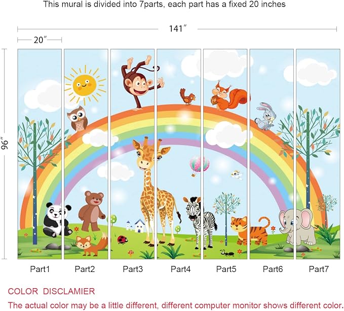Rainbow Kids Wallpaper Nursery Cartoon Animal Fairy Colorful Wall Mural for Bedroom Living Room (Not Peel n' Stick)