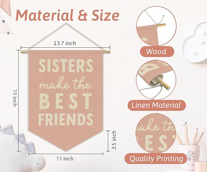 Girls Room Decor, Sisters Make the Best Friends Linen Canvas Banner, Pink Preppy Girly Wall Hanging Pennant Flag Banner for Girls Nursery Kids Toddler Room Bedroom Dorm Decor, 15x11in