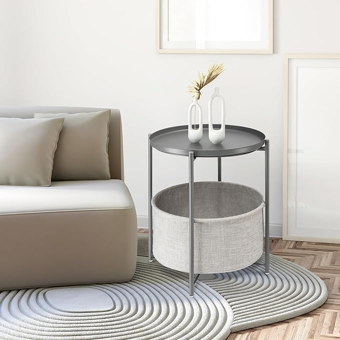 danpinera Round Side Table with Fabric Storage Basket, Metal Side Table Small Bedside Table Nightstand with Removable Tray Top for Living Room, Bedroom, Nursery, Laundry, Gray