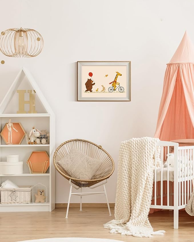 ARPEOTCY Framed Canvas Wall Art, 12x16 Inch Cute Animal Parade Print, Giraffe on Bicycle with Bear, Bunny, and Birds, Whimsical Nursery Wall Decor for Kids Room, Playroom, or Baby Bedroom