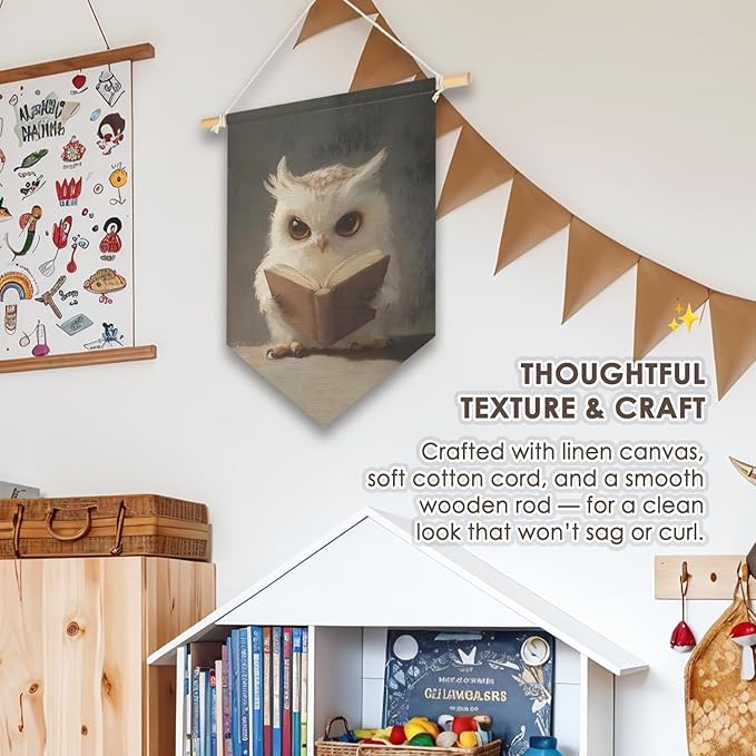 Wheatwin Kids Room Decor, Cute Owl Reading Book Wall Hanging Pennant Flag Banner, Owl Wall Decor for Boys Girls Toddler Nursery Reading Corner Nook Room Bedroom Classroom 15x11 Inch