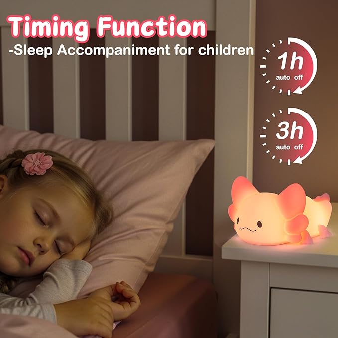 ZKLiLi Axolotl Kids Night Light,Squishy Cute Lamp Dimmable Childrens Night Light Gifts for Baby with Timer & 16 Colors,Rechargeable Bedroom Smart LED Bedside Lamps Toddler Night Light