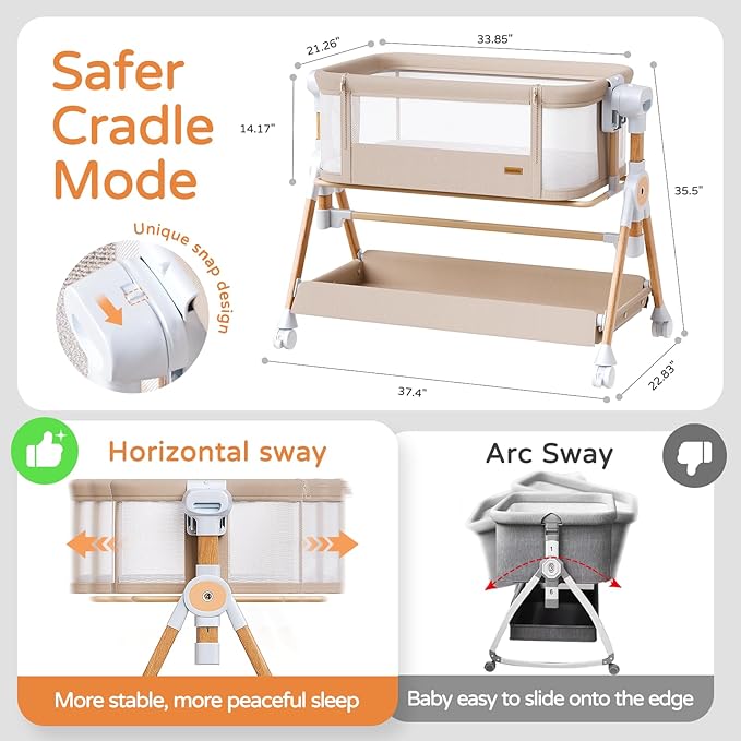 Baby Bassinet,Bedside Bassinet for baby, Rocking bassinet with Storage Basket and Wheels, Adjustable 6 Heights and All Mesh Sides,Portable Babys Bassinets Bedside Sleeper for Newborn Infant
