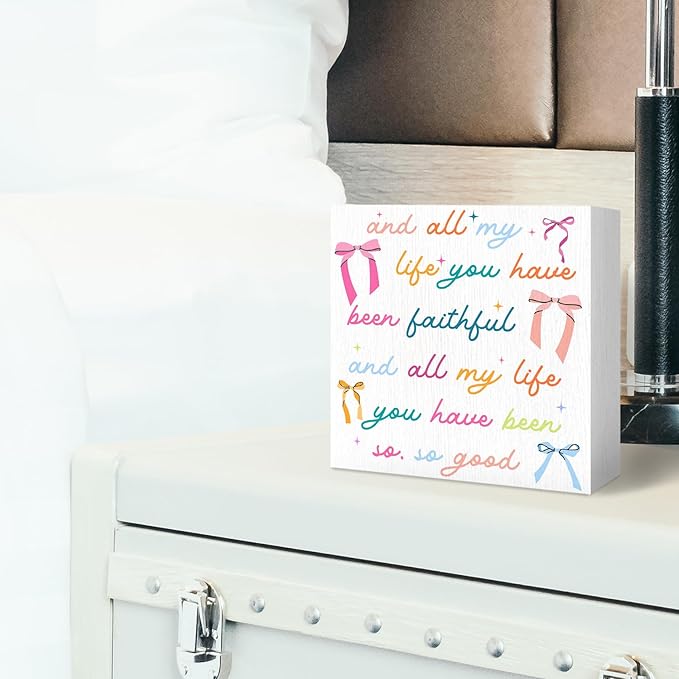 Christian Coquette Bow Wood Box Sign - Inspirational Desk Shelf Decor, Bible Verse Decor, All My Life You Have Been Faithful Christian Wooden Block Plaque Box Sign for room Table Decorations