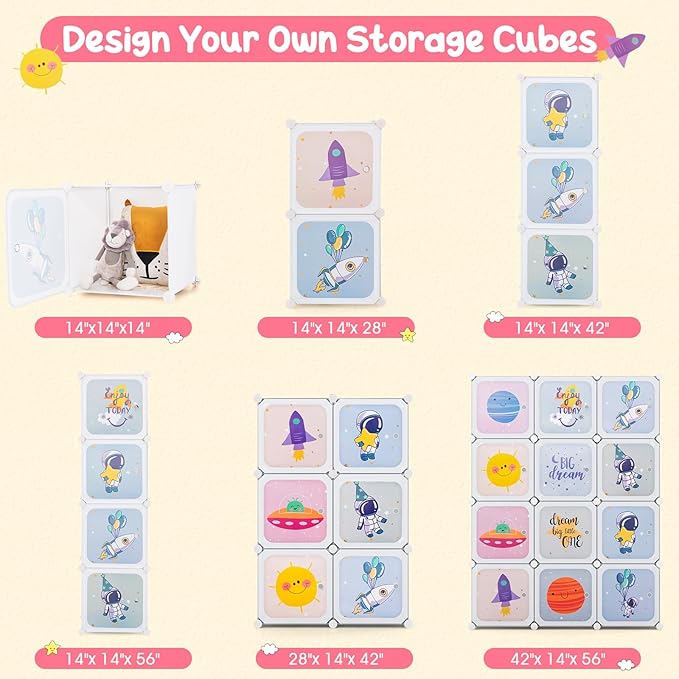 INFANS Children Wardrobe, Kid Closet Portable Baby Dresser Cute for Kids Bedroom Nursery Armoire with Doors 12 Cube 2 Hanging Sections, Kid Clothes Storage Organizer (White, 12 Cubes)