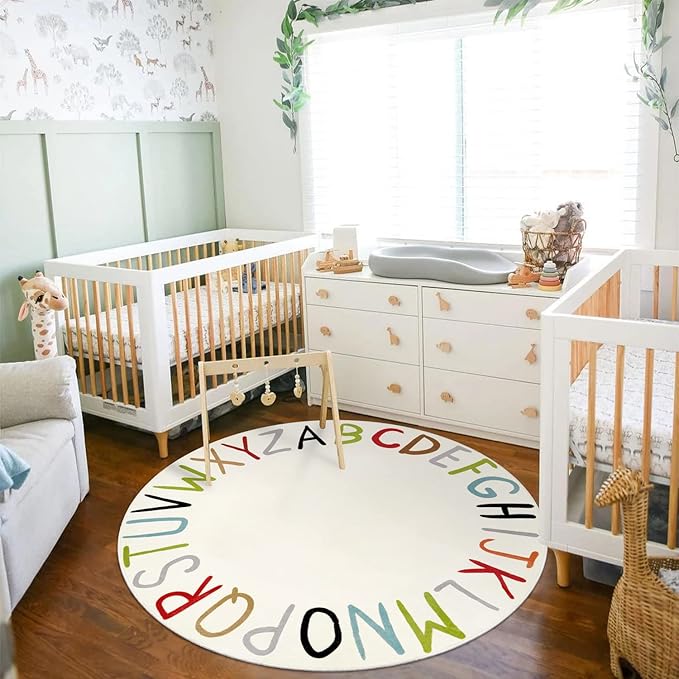LIVEBOX ABC Round Kids Rug Colorful Play Mat for Playroom, Alphabet Learning Nursery Rug Circle Washable Rug for Children Bedroom, Non-Slip Educational Carpet for Teen (59",Multi Color)