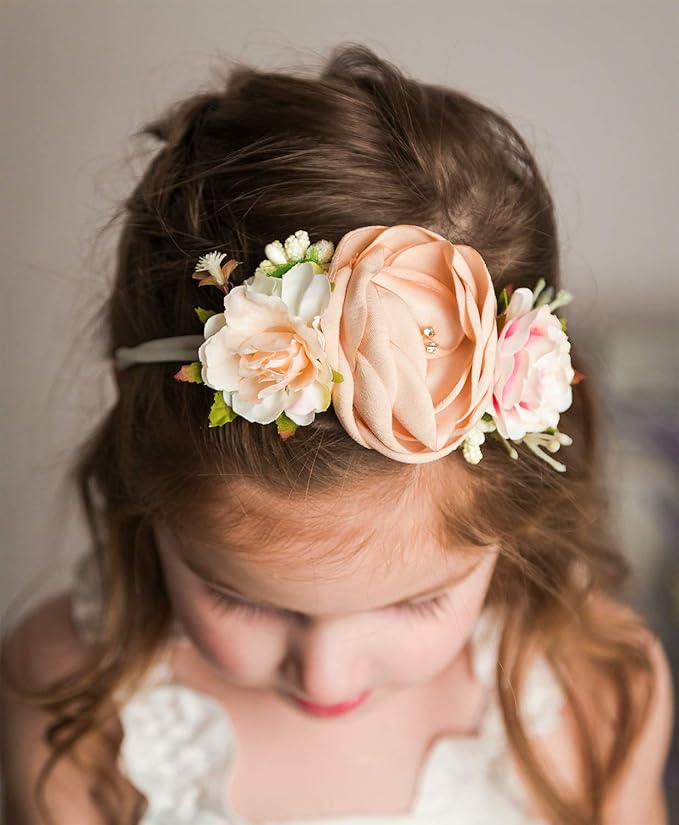 Baby Girl Floral Headbands- 3pcs Nylon Headband Handmade Flower Crown Elastic Hairband Newborn Toddler Hair Accessories Gifts for Girls （1-6 years old）