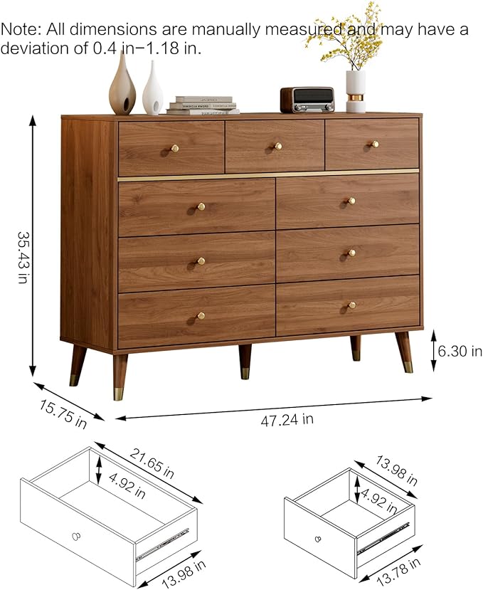 9 Drawers Dresser for Bedroom,35.4" Tall Wood Rustic Modern Chest of Drawers with Natural Texture,with Anti-Tipping Device, Storage Dressers Organizer for Bedroom, Living Room,Chestnut