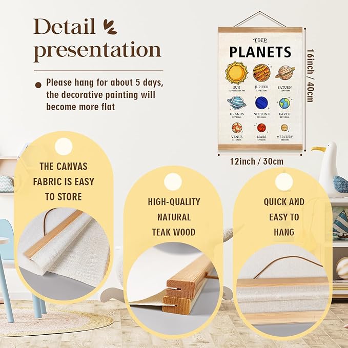 Solar System Poster Wall Art Set of 2, The Planets Wall Decor Wood Hanger, Space Classroom Decor, Outer Space Planets Poster for Boys and Girls Nursery, Bedroom, Playroom, Toddler and Kids Room(Solar system)