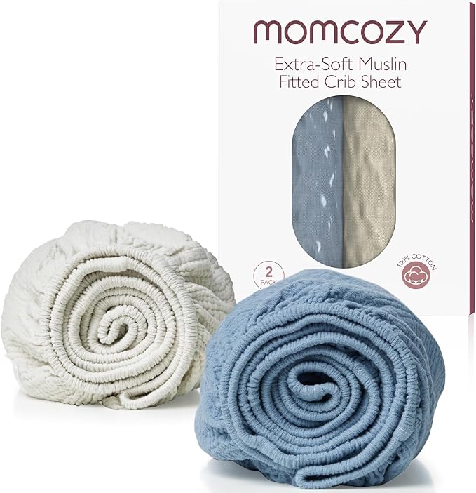 Momcozy Muslin Standard Fitted Crib Sheets, 52"x28", 2 Pack Soft Breathable Natural Cotton Baby Mattress Sheet, 360° Mattress Wrapping No Slip Boys Girls Neutral Toddler Bed Sheet, Grey Blue
