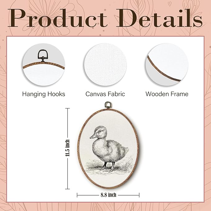 Vintage Duck Oval Wall Art Framed, Cottagecore Duck Oval Wall Decor, Retro Animal Farmhouse Hanging Canvas Prints Wall Sculptures for Home Living Room Nursery Decor, 8.5x11.5 Inch