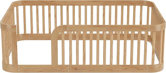 Full Size Floor Bed with Fence for Boys Girls, Solid Wood Natural Bed Frame, Natural