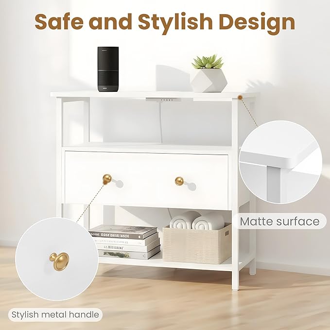 27 Inch Wide Night Stand Set 2 with Charging Station, Wood Nightstand with Open Shelf, Large Drawer Bedside Table for Living Room/Bedroom/Office (White)