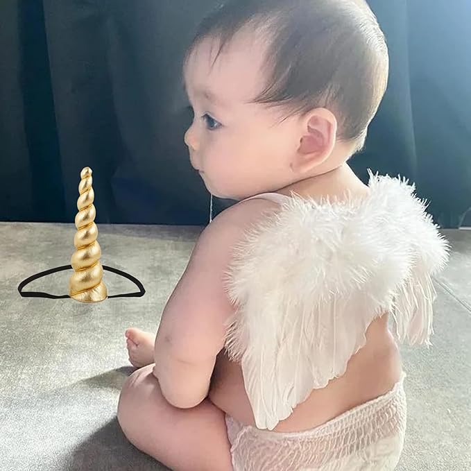 2PCS White Angel Wings With Gold Unicorn Headband For Newborn Infant Photography Props Soft Fairy Feather Wings For Toddlers Kids Girls Gifts(Color D, One Size)