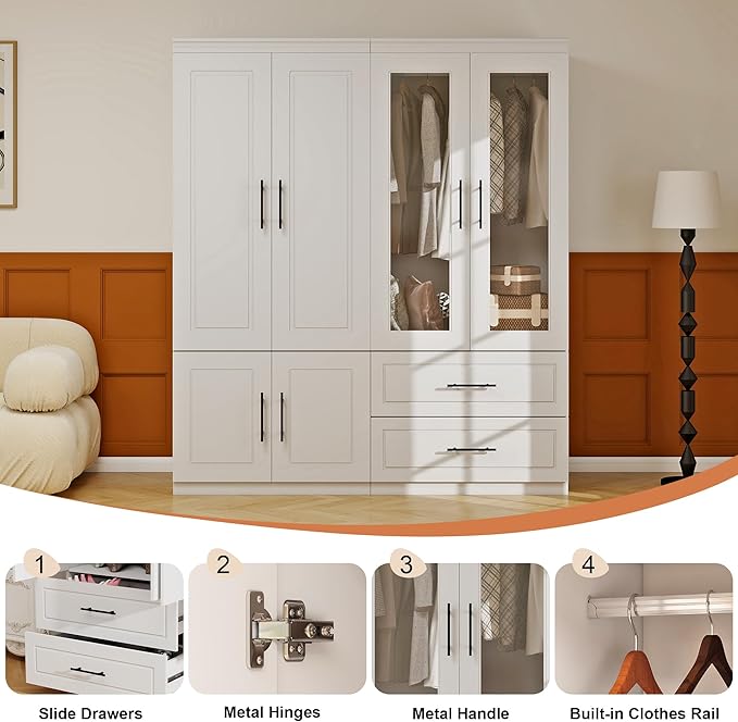 Armoire Wardrobe Closet with 2 Glass Door: White Wood Wardrobe Closet Wooden Bedroom Armoire 2 Drawer with Hanging Rods for Home/Bedroom/Living Room