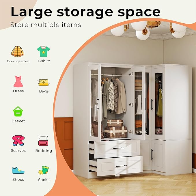 Armoire Wardrobe Closet with 2 Glass Door: White Combination Corner Wood Wardrobe Closet 2 Drawer Wooden Bedroom Armoire with Hanging Rods for Home/Bedroom/Living Room