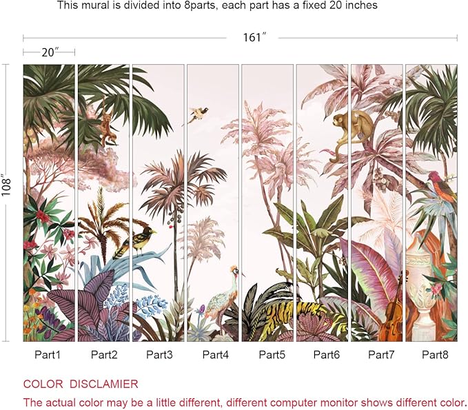 Jungle Wallpaper Tropical Botanical Wall Mural Forest Palm Tree Rainforest Mural Wallpaper(Not Peel n' Stick)