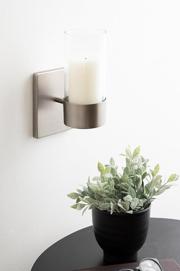 Kate and Laurel Zabler Modern Metal Wall Sconce, 5 x 6 x 10, Antique Nickel, Round Candle Holder with Removable Glass Cylinder for Flameless Candle Display in Bedroom or Bathroom