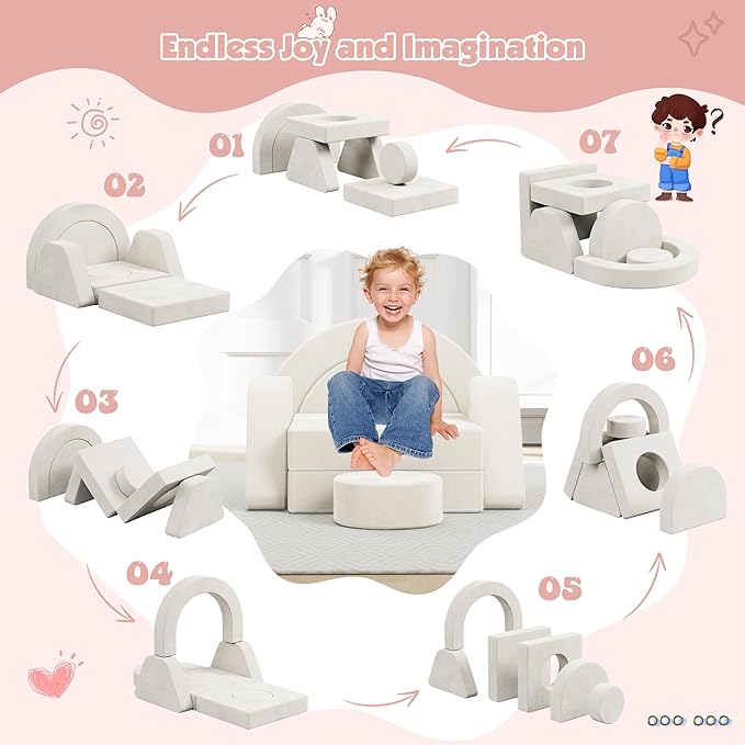 12 PCS Modular Kids Play Block Couch Child Sectional Soft Sofa Toddler Building Fortplay Climbing Bedroom Playroom Baby Convertible Floor Foam Cushion for Boys & Girls (Beige-Single-2)