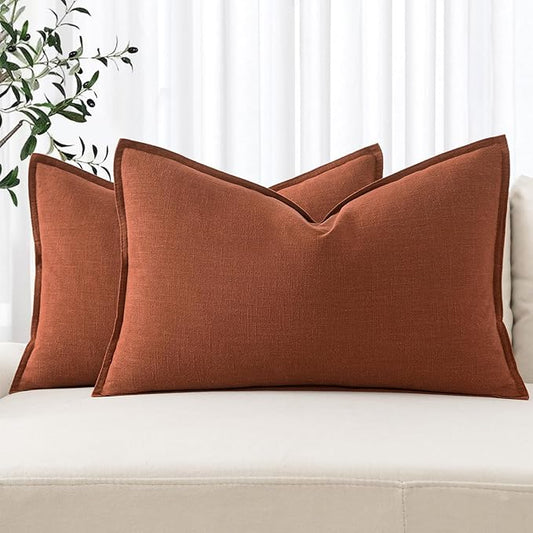 MIULEE Decorative Linen Lumbar Pillow Covers 12x20 Inch Rust Boho Farmhouse Neutral Couch Throw Pillows for Bed Pack of 2 Accent Modern Pillowcase Summer Sofa Livingroom Home Decor