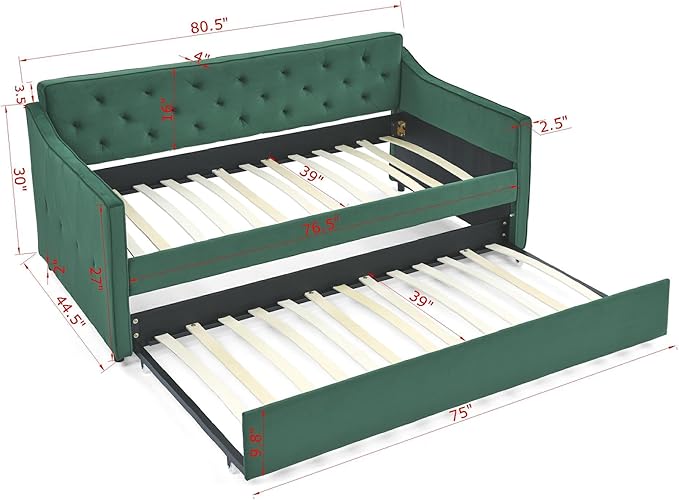 Bellemave Twin Upholstered daybed with Trundle, Velvet Sofa Bed Twin Size, daybed with Trundle for Adults, Kids, Girls, Teens, for Living Room, Green