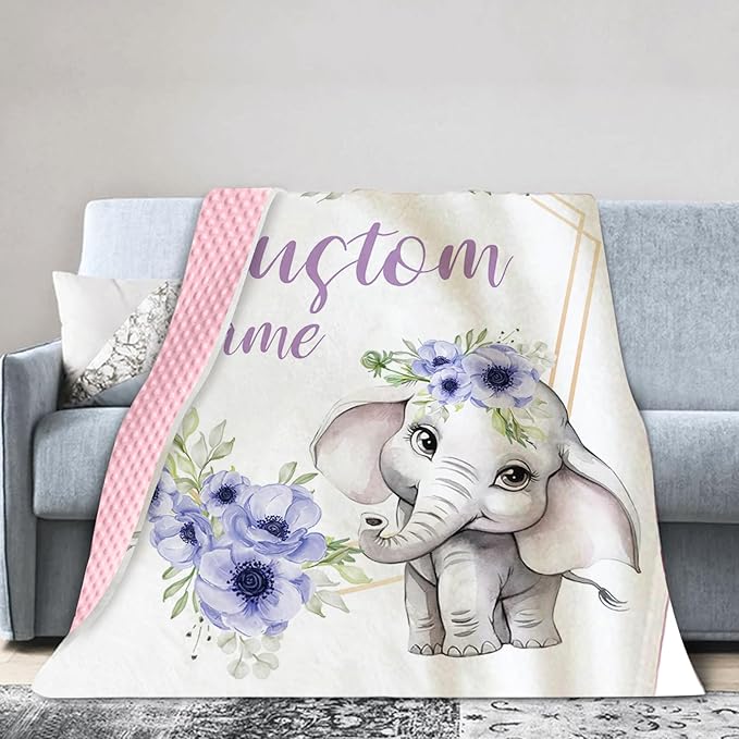 Personalized Baby Blankets for Girls, Custom Name Purple Flower Elephant Design Baby Blanket, Soft Receiving Blanket for Newborns and Toddlers, Ideal for Baby Showers and Nursery Decor