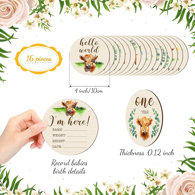 Tiamon 16 Pieces Wooden Baby Monthly Milestone Cards Monthly Milestone Marker Discs Double Sided Wooden Circles Months Signs for Baby Shower Newborn Photo Props(Highland Cow)