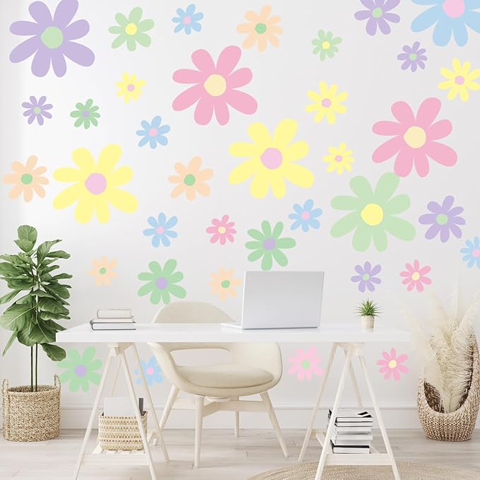 TaoBary 12 Sheets Daisy Wall Decal Flower Wall Sticker Cute Daisy Sticker Pink White Flower Decal Peel and Stick Floral Wallpaper for Nursery Bedroom Home Decor(Fresh Color,Attractive Style)