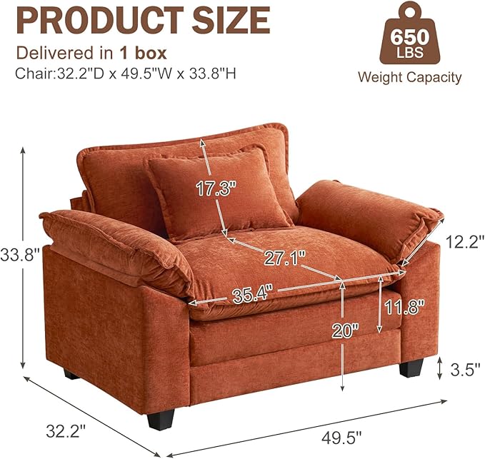CDCASA Oversized Accent Chair, Chenille Comfy Cloud Sofa Chair with Large Seat and Upholstered Armrests, Modern Extra Wide Armchair Reading Chairs for Bedroom, Living Room,Terracotta Orange
