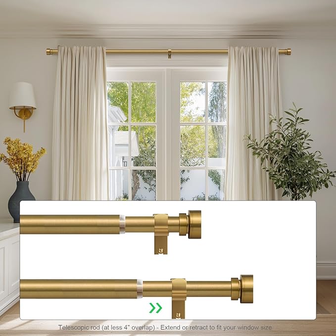 Brass Curtain Rods for Windows 48 to 84 Adjustable Modern Gold Curtain Rod 1 inch Diameter Heavy Duty with Solid Metal Finials for Living Room Bedroom Farmhouse Outdoor Patio