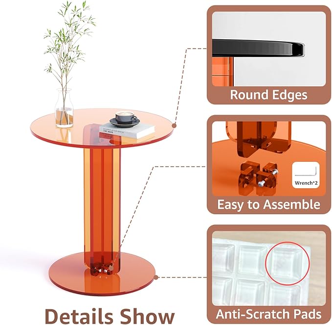 Round Acrylic Side Table, Modern Accent End Table, Minimalist Bedside Night Stand, Small Coffee Tables for Living Room Office Bedroom Indoor Home Decor, Orange