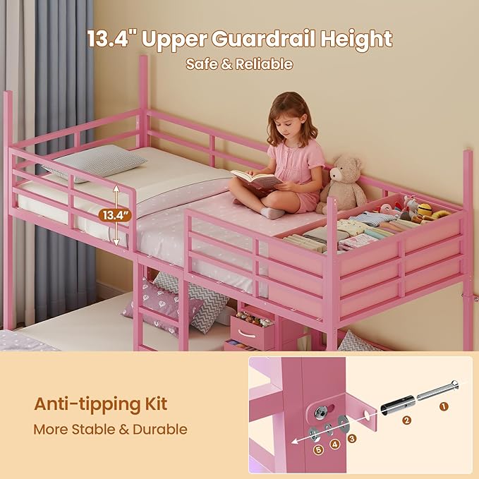 BTHFST Triple Bunk Bed Twin Size with House, 4 Storage Drawers, Charging Station and LED Lights, Metal Kids Bunk Bed with 13.4" H Safety Guardrail and Play Curtain, DIY House Shaped Bed, Pink