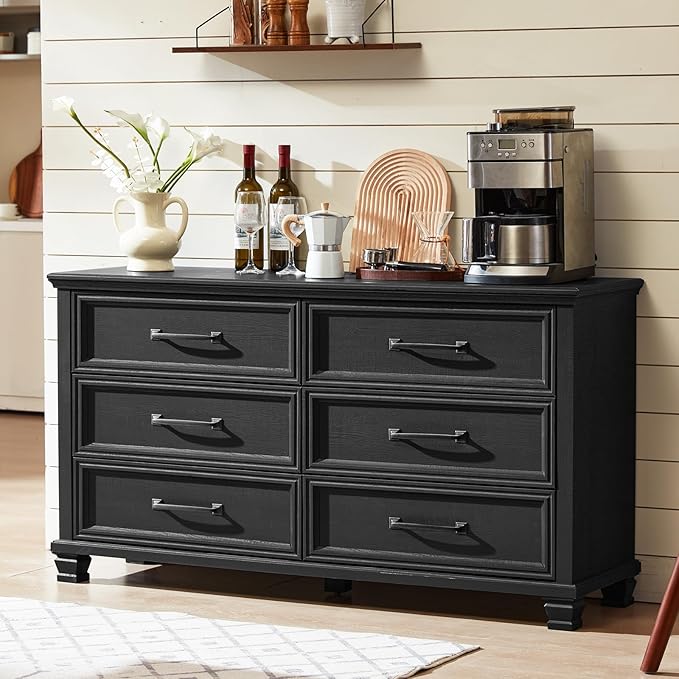 Farmhouse 6 Drawer Dresser for Bedroom, 54 inch Wide Rustic Vintage Chest of Drawers with Square Solid Wood Legs, Large TV Stand for Living Room, Wooden Storage Dressers for Hallway, Black
