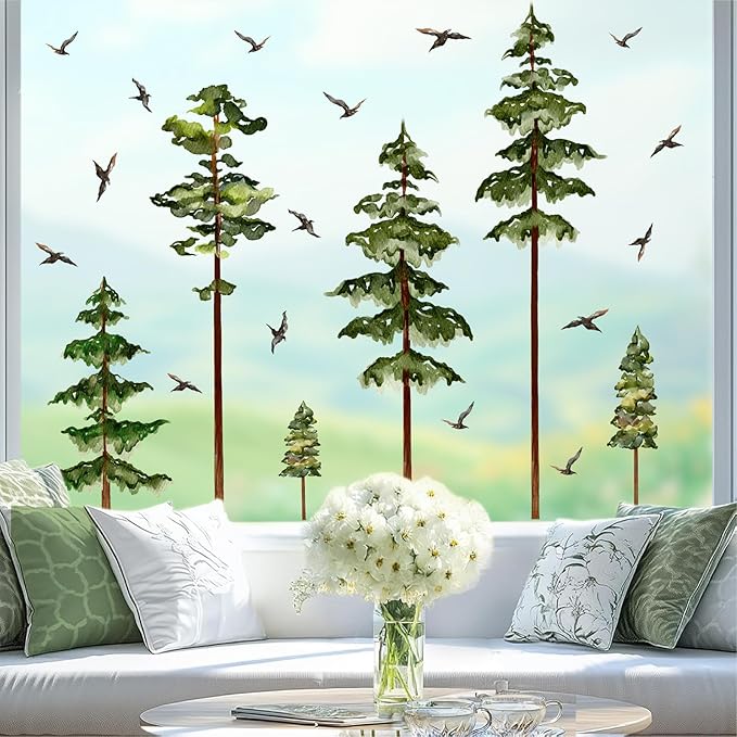 Large Pine Tree Wall Stickers Green Trees Wall Decals Peel and Stick Watercolor Birds Nature Giant Trees Decor Woodland Forest Sticker Green Tree Stickers for Living Room Bedroom Home Decor