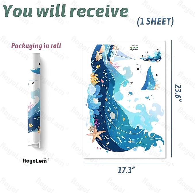 Sea Waves Wall Decals Removable Cartoon Vinyl Stickers for Bathroom Nursery and Kids Playroom Ocean Theme Decor Peel and Stick Wall Art with A Sailboat