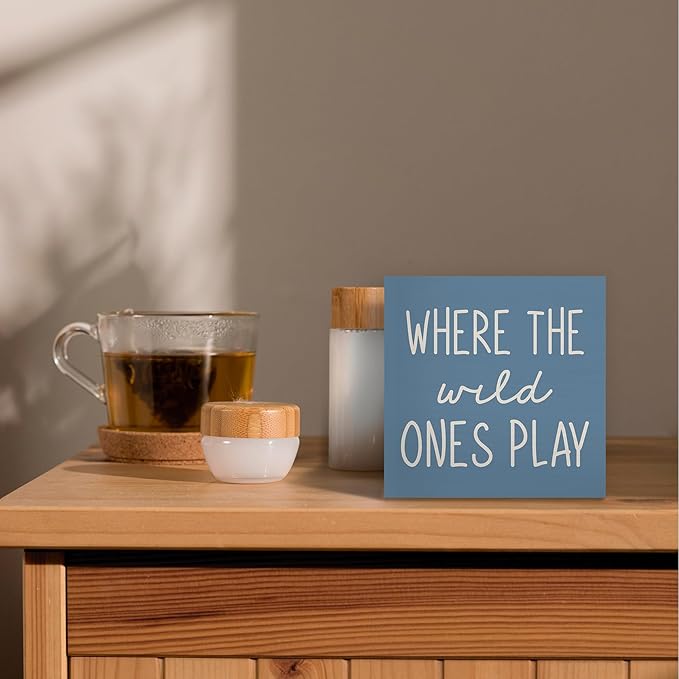Where The Wild Ones Play Blue Wood Box Sign Desk Decor 5X5, Nursery Kids Room Wooden Block Sign Decorations for Playroom Toddler Boys Girls Room Wall Tabletop Shelf Decor