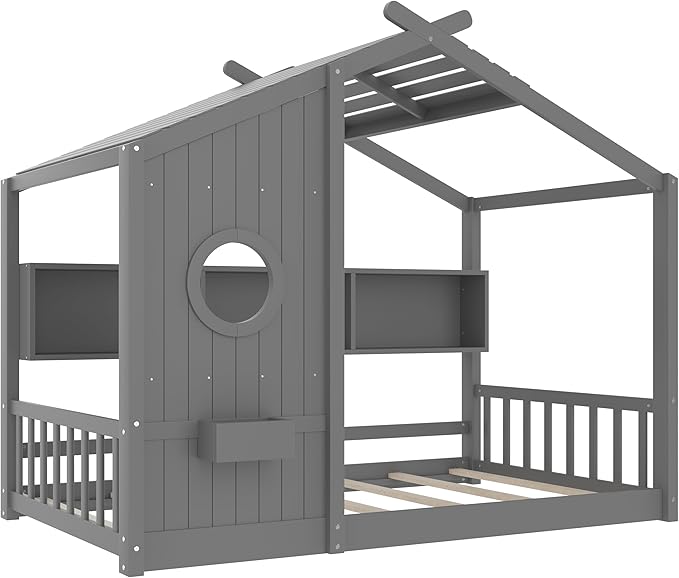 Twin Size Floor House Bed with Roof and Window for Kids, Wooden Playhouse Bed with Storage Shelves for Bedroom Furniture Girls & Boys (Gray/L2, Twin)