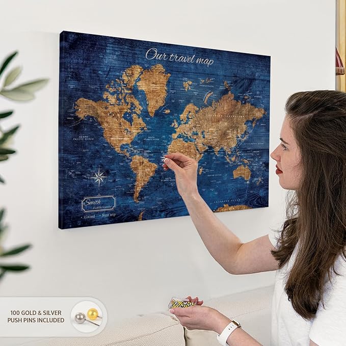 ElephantStock - Personalized Our Travel I Push Pin World Map Wall Art - Horizontal Canvas Wall Art - Living Room Wall Decor - Digital Art Map Canvas Art - Brown And Blue Decor - 30" x 20"