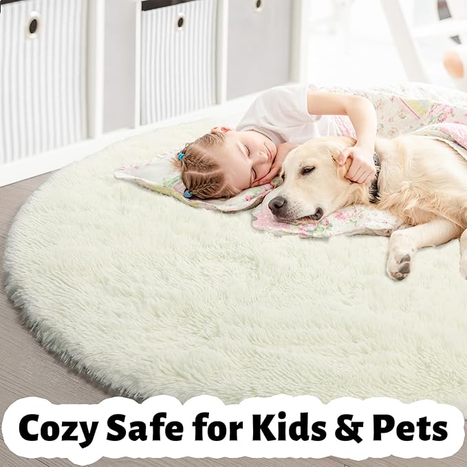 Amdrebio Ivory White Round Rug 5Ft for Bedroom Living Room Aesthetic, Washable Fluffy Fuzzy Circle Area Rugs for Kids Room Playroom, Circular Plush Soft Shaggy Cream Carpet for Dorm Teen Baby Nursery