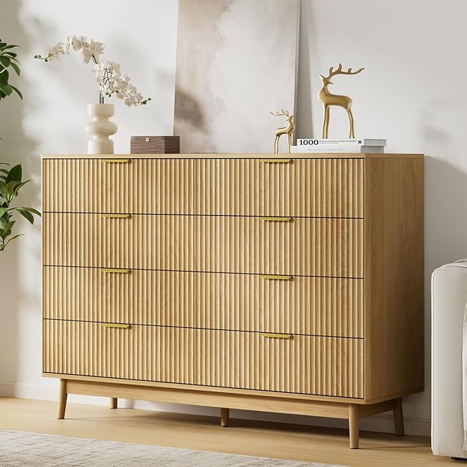 LYNSOM Fluted 8 Drawer Dresser for Bedroom, 55" Wide Modern Chest of Drawers with Curved Profile Design and Metal Handles, Wood Dresser TV Stand & Storage Organizer for Bedroom, Hallway, Oak